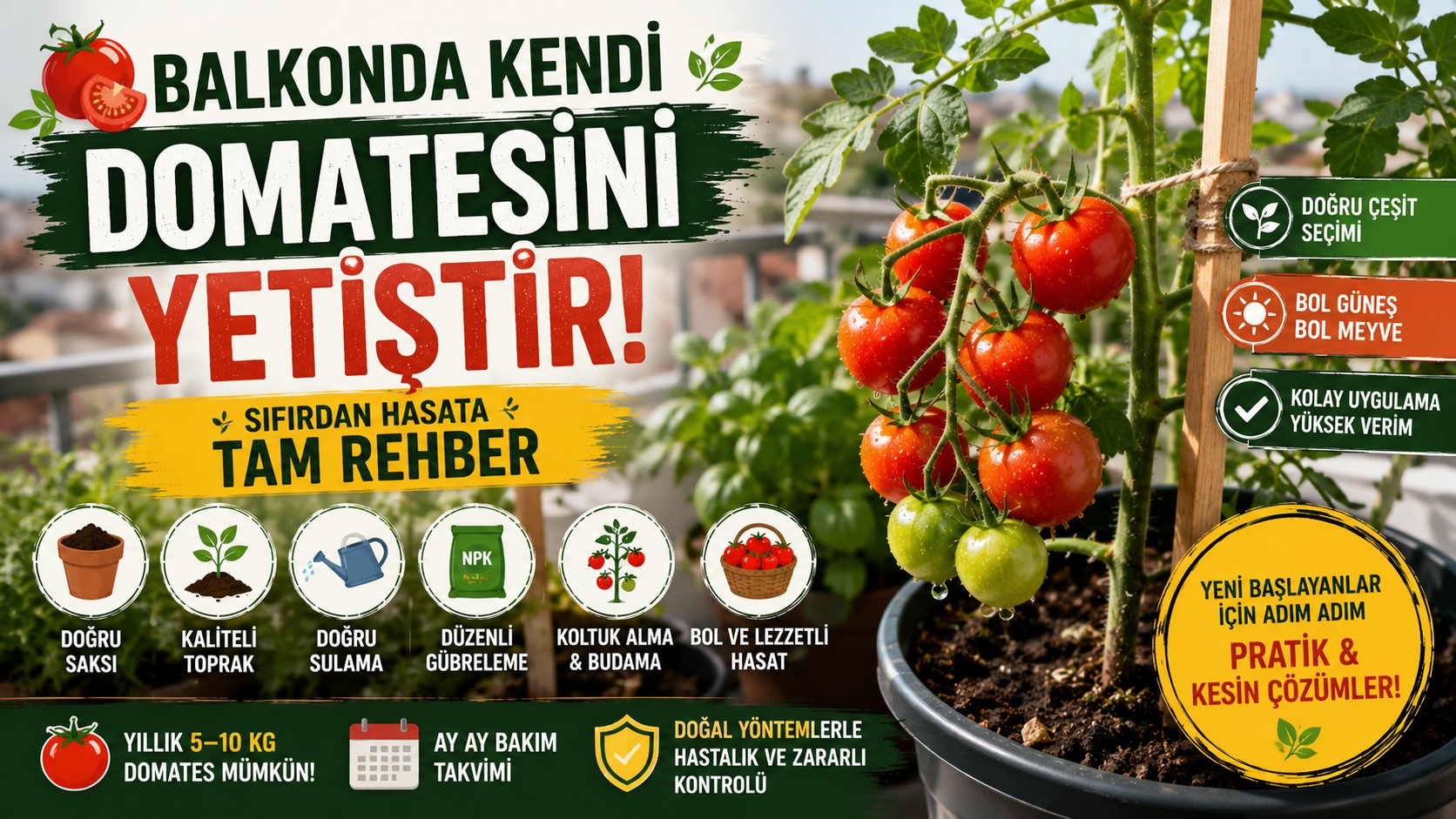 Saksıda Domates Yetiştirme Rehberi: Tohumdan Hasada Adım Adım (2026)